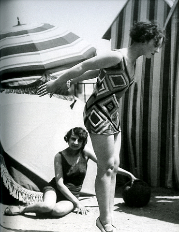 Model wearing swimsuit designed by Sonia Delaunay, 1929, photo by Luigi Diaz for Presse Paris, in “Color Moves: The Art and Fashion of Sonia Delaunay,” 2011, at the Cooper-Hewitt, National Design Museum 